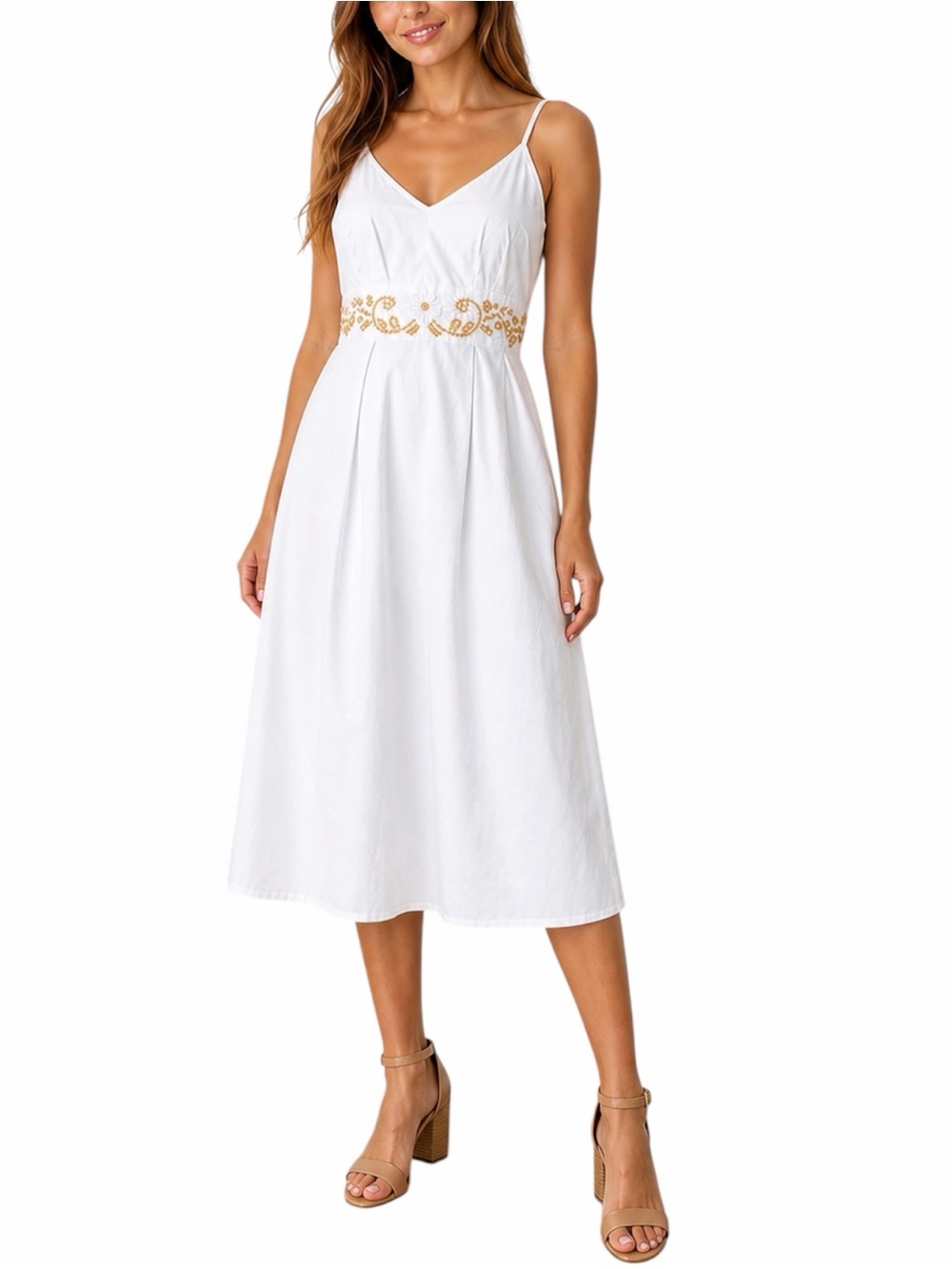 Kim Rogers Midi Sundress Beaded A-line High Waist V-neck White Women’s Size 12